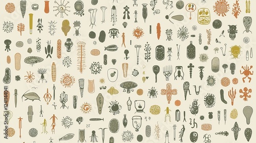 Minimalist flat icons of various viruses and germs, arranged in a seamless repeating pattern, isolated on a neutral gray background