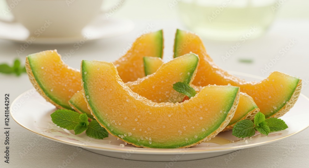 Sweet Honeydew Melon Slices Garnished With Mint Sweet Honeydew Melon Slices Garnished With Mint
