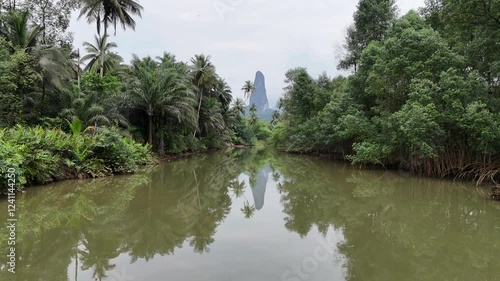Sao Tome and Principe - River and Tropical Forest With Pico Cao Grande. Scenic Jungle Landscape Reflected in Calm Water.