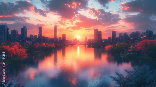 Vibrant sunset over city lake, autumn trees, calm reflection