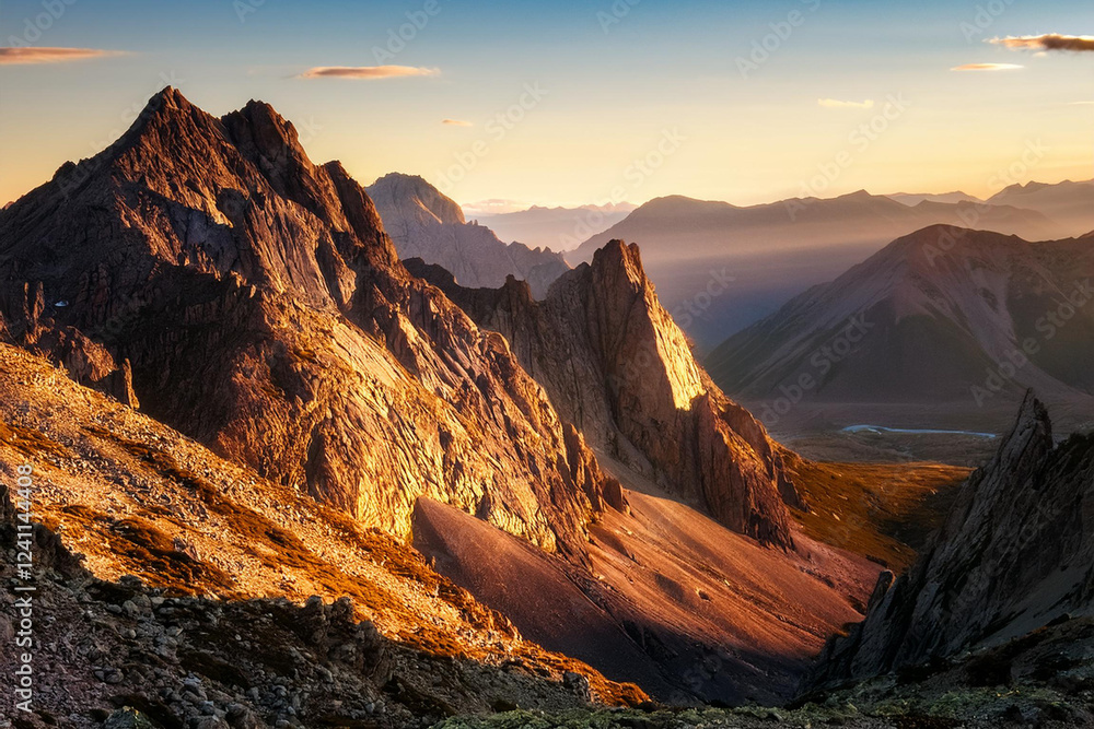 Naklejka premium Golden-Hued Mountain Peaks During Sunset with Clear Sky