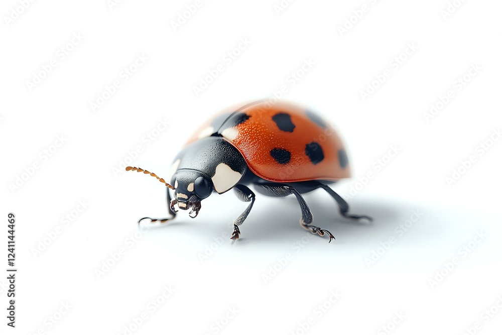 Fototapeta premium Detailed macro view of red ladybug with black spots on white background, showing intricate features and natural texture. Isolated design element for nature projects.