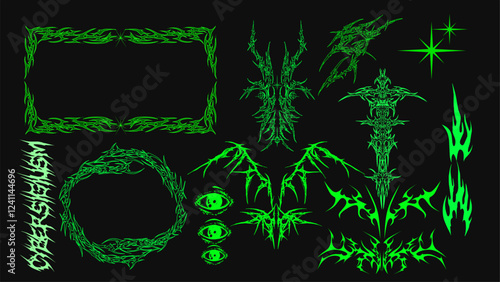 Collection of neo tribal cyber sigilism shapes, cyber gothic Y2K aesthetics. Sharp, vector designs on black background