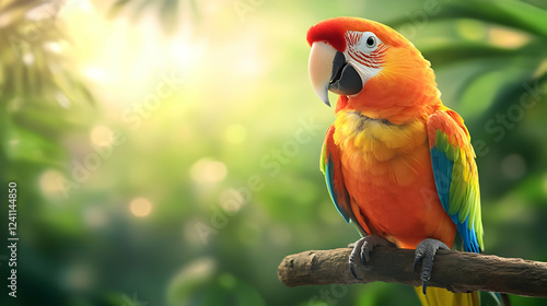 A vibrant parrot perched on a branch, surrounded by lush greenery, showcasing its striking colors in natural light. photo