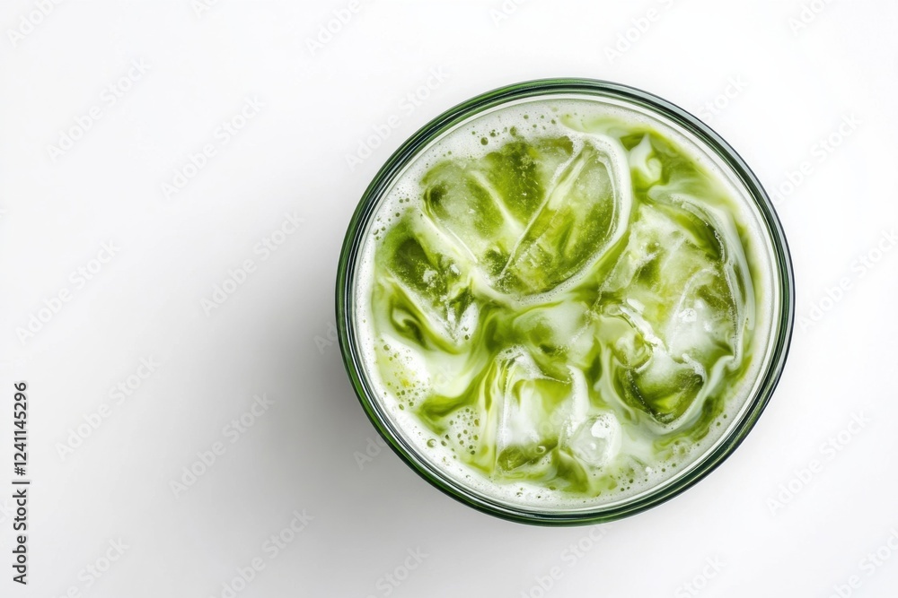 Iced matcha green tea latte with vibrant green swirls in white oat milk, minimalist style, pastel colors, refreshing beverage concept Iced matcha green tea latte with vibrant green swirls in white oat milk, minimalist style, pastel colors, refreshing beverage concept