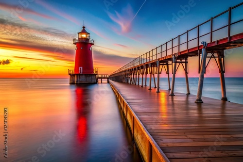 Manistique Lighthouse Long Exposure, Lake Michigan Pier, Upper Peninsula Michigan Sunset photo