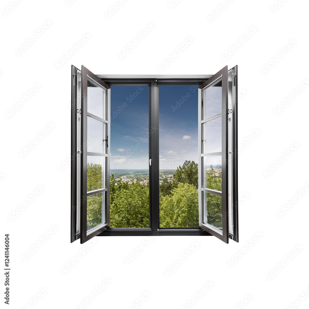 Fototapeta premium Open Window View Overlooking Green Landscape and Blue Sky