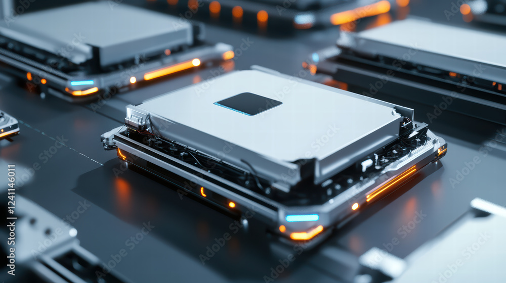 High tech electronic components on circuit board with glowing lights, showcasing advanced technology and innovation in manufacturing High tech electronic components on circuit board with glowing lights, showcasing advanced technology and innovation in manufacturing