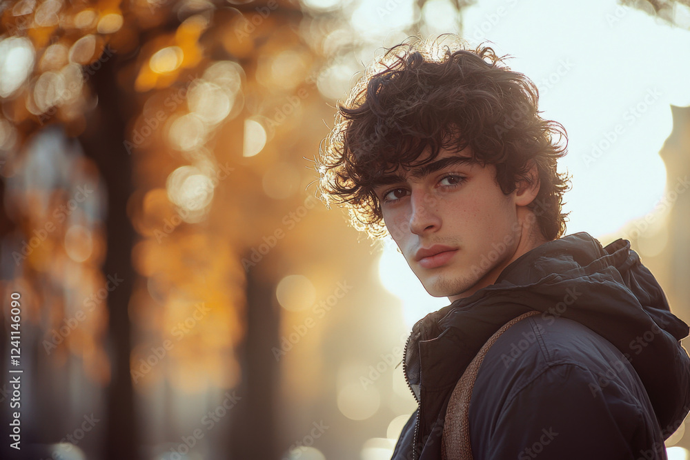 Young man gazes thoughtfully amidst an autumn backdrop of golden leaves Young man gazes thoughtfully amidst an autumn backdrop of golden leaves