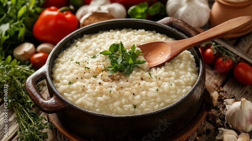 A rustic kitchen scene with a wooden spoon resting in a pot of risotto, surrounded by fresh vegetables, herbs, and spices, showcasing the ingredients used for a homemade meal.