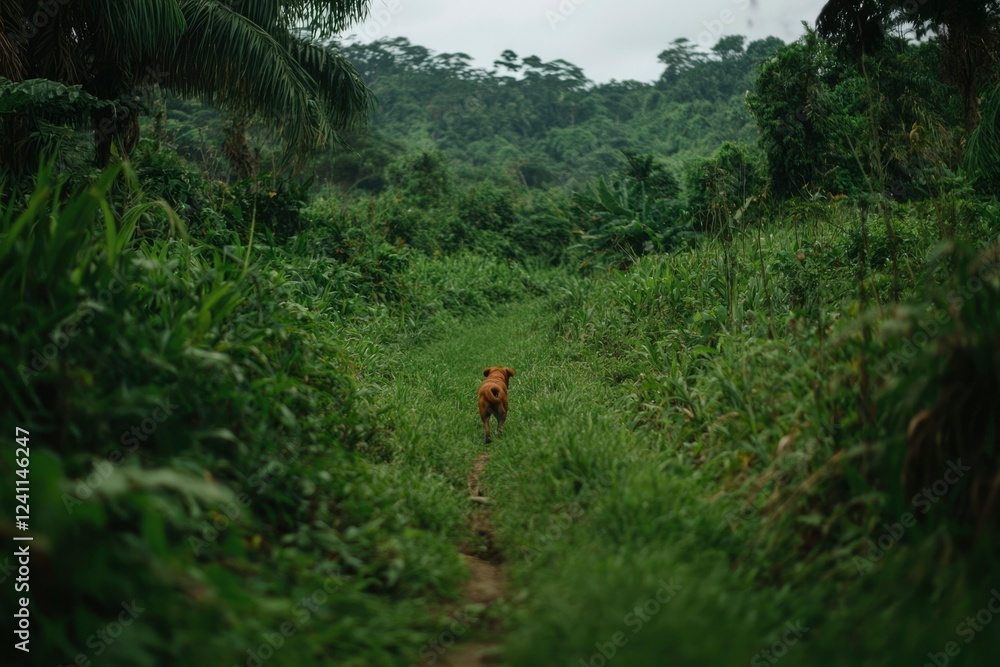 Brown Dog Walking Away On Lush Green Path Brown Dog Walking Away On Lush Green Path