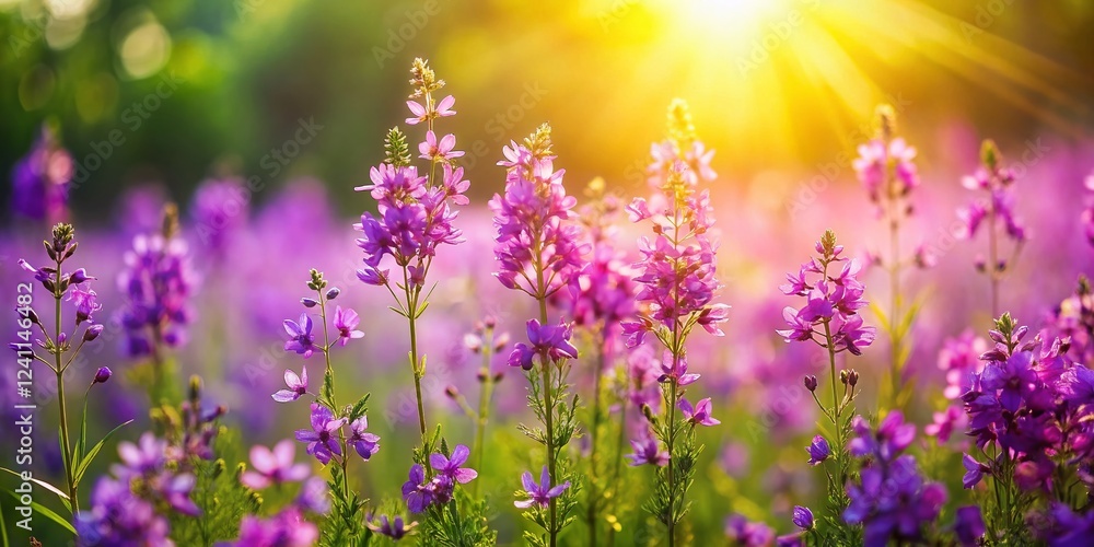 Fototapeta premium Miniature Purple Wildflowers Summer Bloom Closeup Tilt-Shift Photography