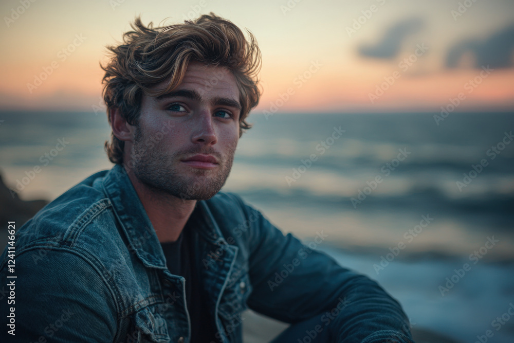 Young man gazing thoughtfully at the sunset over the ocean Young man gazing thoughtfully at the sunset over the ocean