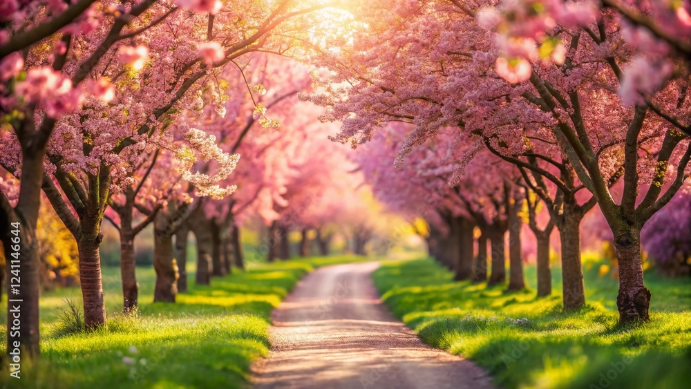 Naklejka premium Miniature Spring Garden: Blossoming Cherry Trees Line Path