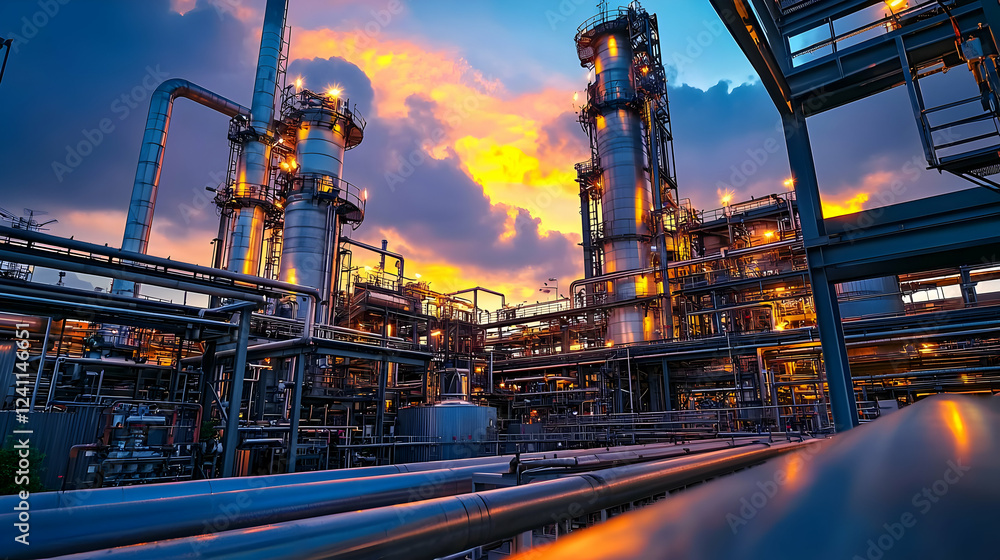 Fototapeta premium Industrial landscape with towering structures and vibrant sunset in the background
