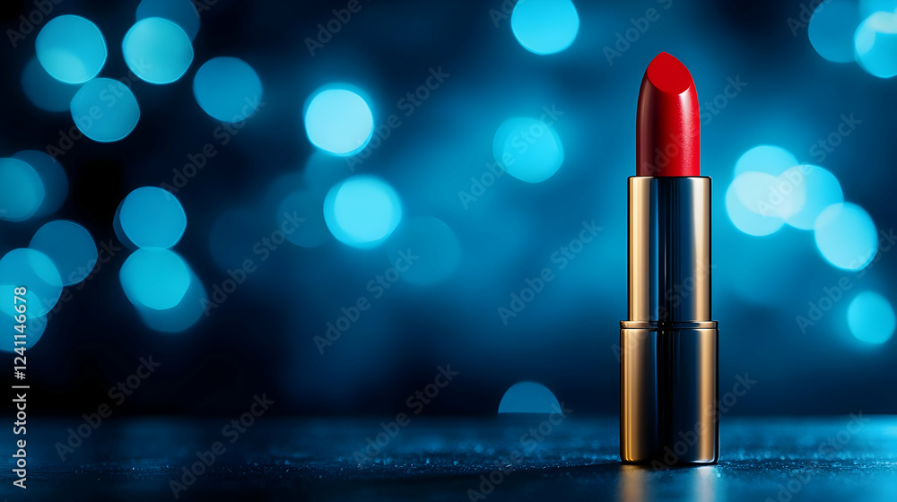A vibrant red lipstick stands out against a blurred blue background, showcasing beauty and elegance. A vibrant red lipstick stands out against a blurred blue background, showcasing beauty and elegance.