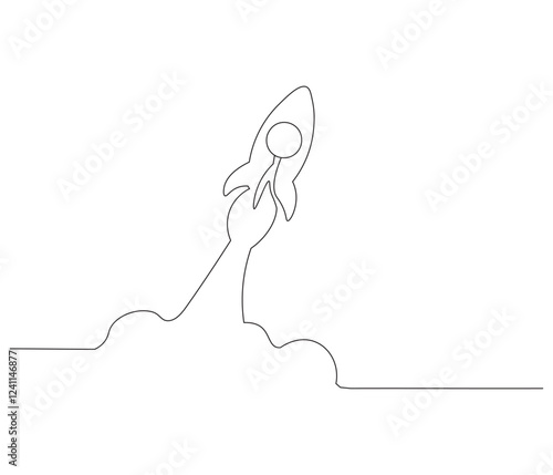 Continuous one line drawing of spacecraft. Single line drawing illustration of Rocket space ship. Rocket concept vector art. Doodle line illustration.
