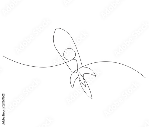 Continuous one line drawing of spacecraft. Single line drawing illustration of Rocket space ship. Rocket concept vector art. Doodle line illustration.
