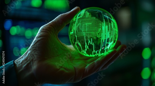 Investor's hand holding a crystal ball reflecting a bullish stock market chart, neon green glow, minimalist dark setting photo