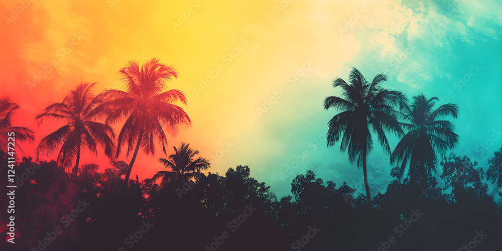 Naklejka premium Colorful grunge background in reggae style with an evening feel with silhouettes of coconut trees.