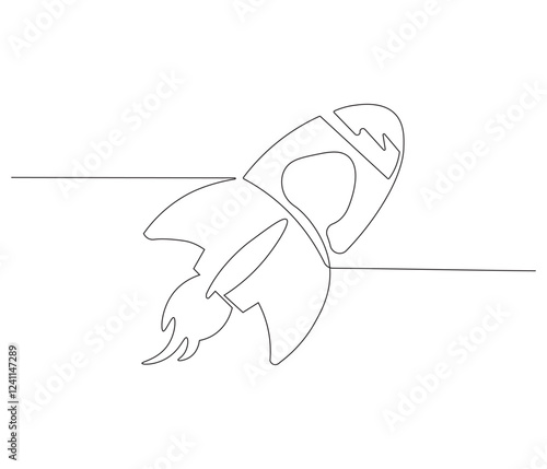 Continuous one line drawing of spacecraft. Single line drawing illustration of Rocket space ship. Rocket concept vector art. Doodle line illustration.
