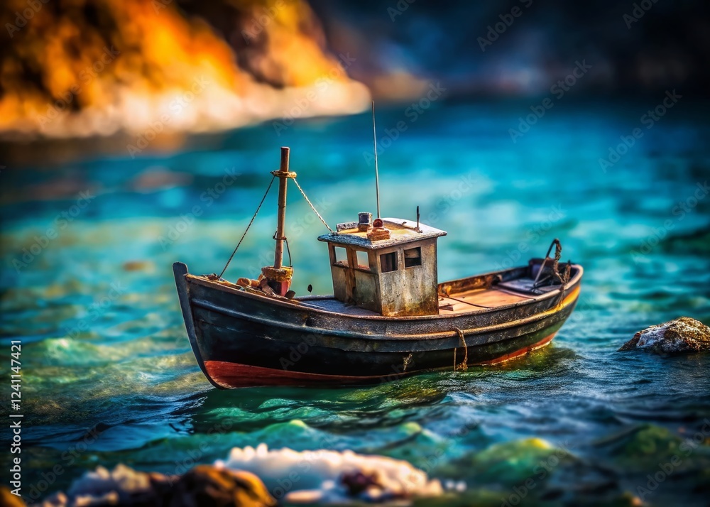 Obraz premium Miniature Black Boat on Ocean Waves, Tilt-Shift Seascape