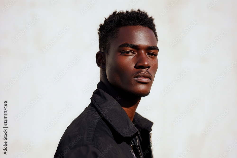 Obraz premium Striking portrait of a confident young man in urban setting during golden hour