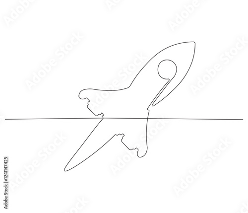 Continuous one line drawing of spacecraft. Single line drawing illustration of Rocket space ship. Rocket concept vector art. Doodle line illustration.
