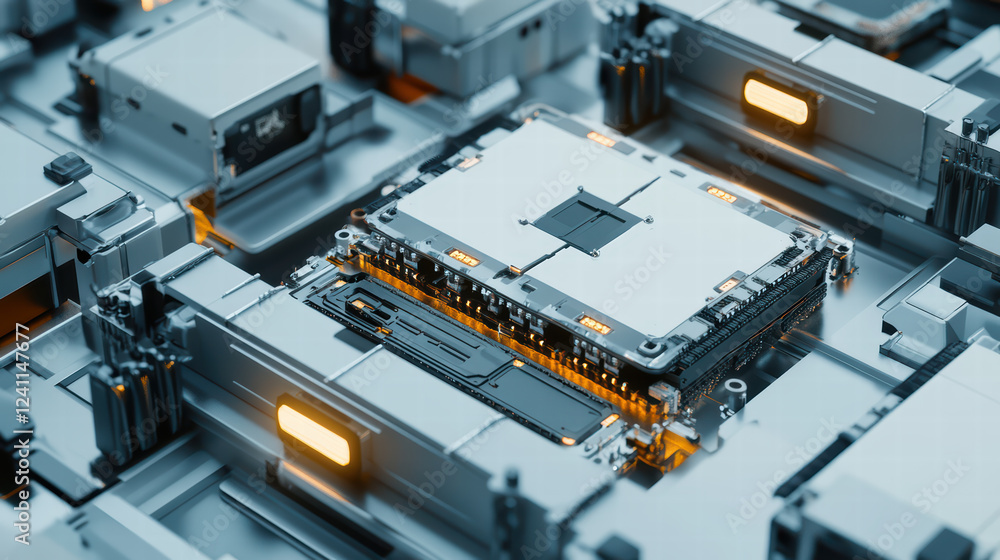 High tech circuit board with glowing components and intricate design, showcasing advanced technology and innovation in electronics High tech circuit board with glowing components and intricate design, showcasing advanced technology and innovation in electronics