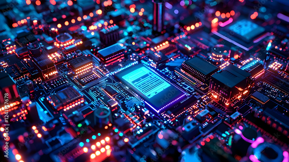 Vibrant close-up of a futuristic circuit board with glowing components and lights Vibrant close-up of a futuristic circuit board with glowing components and lights