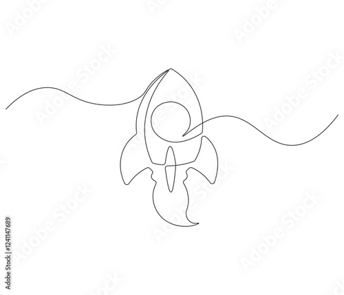Continuous one line drawing of spacecraft. Single line drawing illustration of Rocket space ship. Rocket concept vector art. Doodle line illustration.
