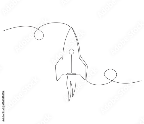 Continuous one line drawing of spacecraft. Single line drawing illustration of Rocket space ship. Rocket concept vector art. Doodle line illustration.
