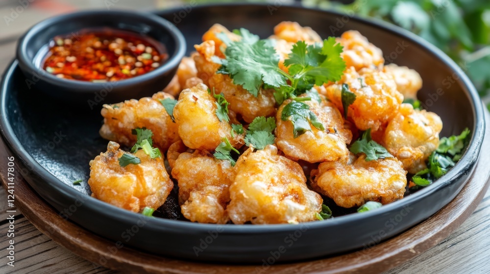 A sizzling plate of freshly made , with golden-brown mussels nestled in a crispy batter, garnished with fresh cilantro and served with a side of chili sauce. A sizzling plate of freshly made , with golden-brown mussels nestled in a crispy batter, garnished with fresh cilantro and served with a side of chili sauce.