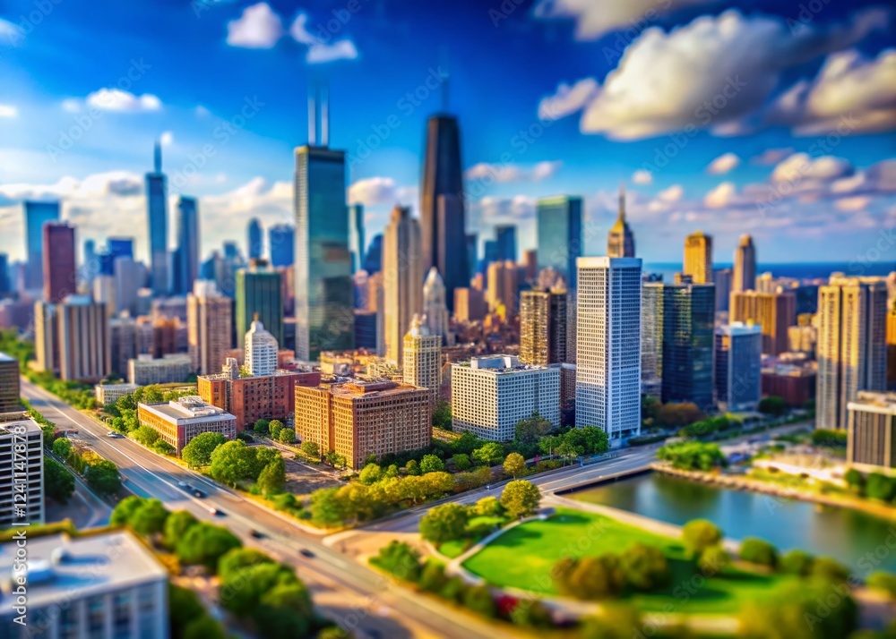 Naklejka premium Miniature Chicago Downtown Skyline Tilt-Shift Photography