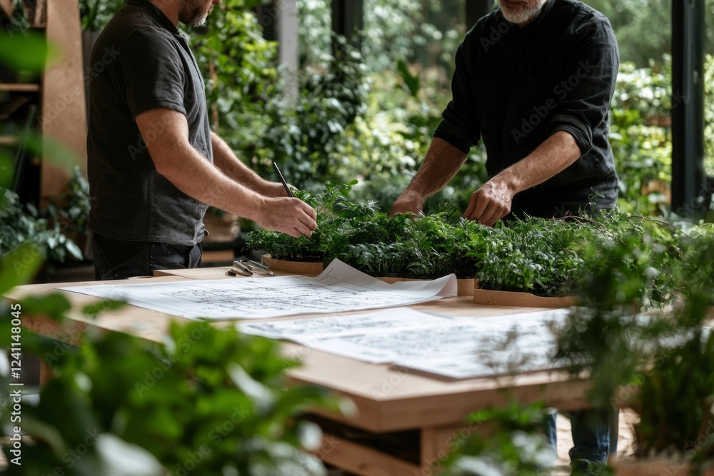 Two Men Plan Planting Design With Greenery Two Men Plan Planting Design With Greenery