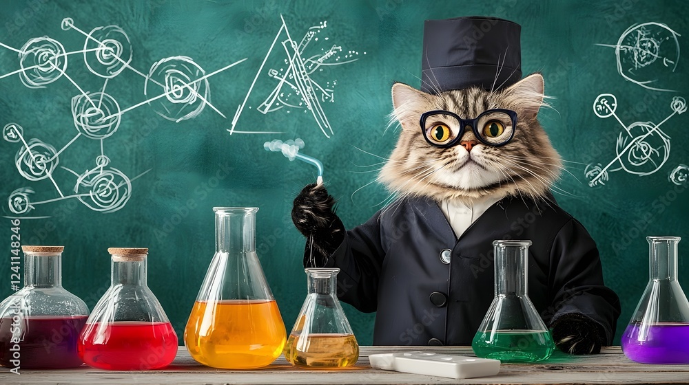 A charming tabby cat dressed up as a scientist surrounded by intricate laboratory equipment and vibrant liquids in beakers