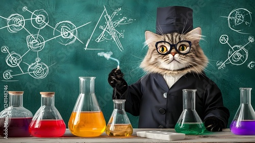 Obraz na płótnie A charming tabby cat dressed up as a scientist surrounded by intricate laboratory equipment and vibrant liquids in beakers w salonie