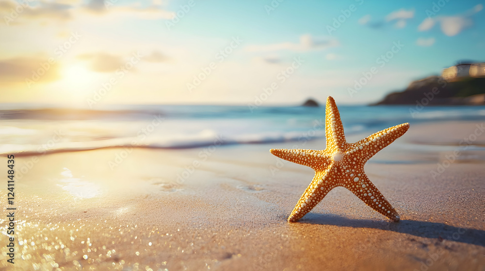 Starfish on a tranquil beach at sunset with gentle waves and distant hills Starfish on a tranquil beach at sunset with gentle waves and distant hills