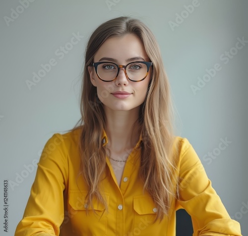 Young blonde woman in stylish glasses and bright yellow shirt. Confident gaze, natural makeup. Long fair hair, neat hairstyle. Fashionable image of a modern businesswoman. professional look of the por