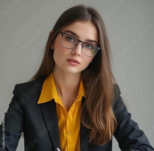 Young woman in business style: black jacket, yellow shirt, dark-framed glasses. Long brown hair, natural makeup. Professional portrait on a neutral background. business image of a modern businesswoman