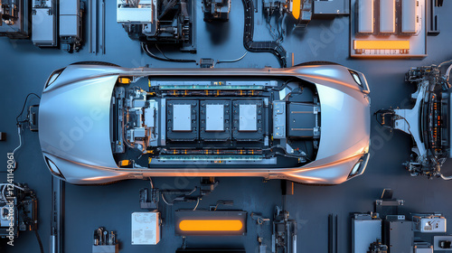 detailed view of electric car battery assembly, showcasing intricate components and technology involved in electric vehicle design. image highlights innovation and engineering excellence