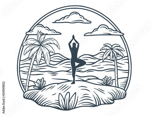 Monochrome vector illustration representing a woman practicing yoga in a tropical paradise with ocean waves, palm trees, and a serene landscape, promoting wellness and travel