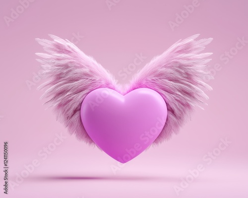 A whimsical pink heart with fluffy wings against a soft pink background.