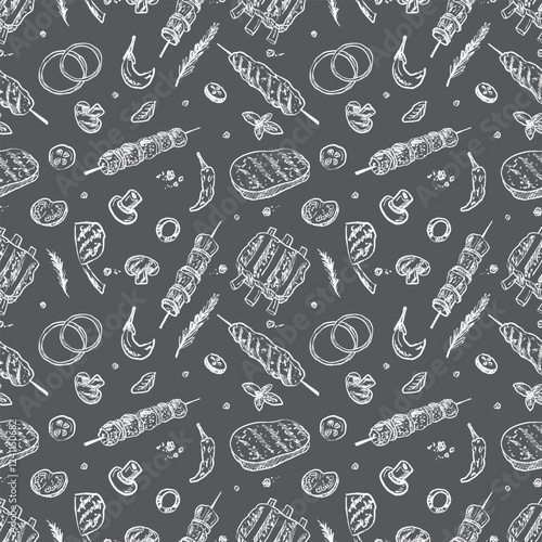 Seamless pattern with shawarma, doner kebab, bbq steak, ribs with fresh vegetables in chalk texture on black. Hand drawn vector sketch illustration in vintage charcoal ink style. Wrapping paper