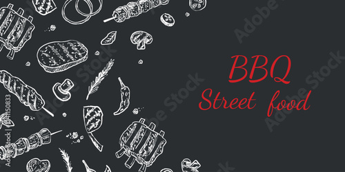 Menu design for barbeque, street food cafe. Shawarma, doner kebab, steak, ribs with fresh vegetables in chalk texture. Hand drawn vector sketch illustration in vintage charcoal ink style