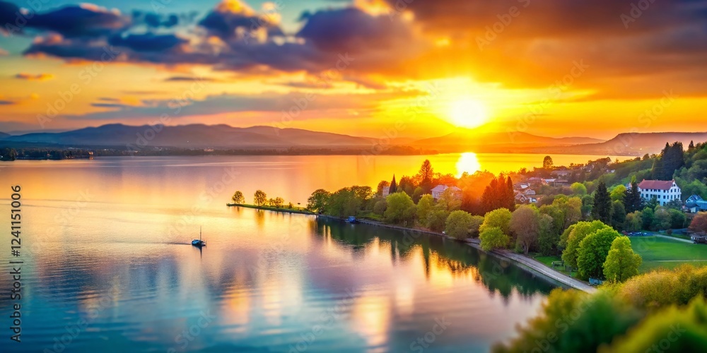 Fototapeta premium Miniature Sunrise over Lake Constance: Tilt-Shift Lake Landscape Photography
