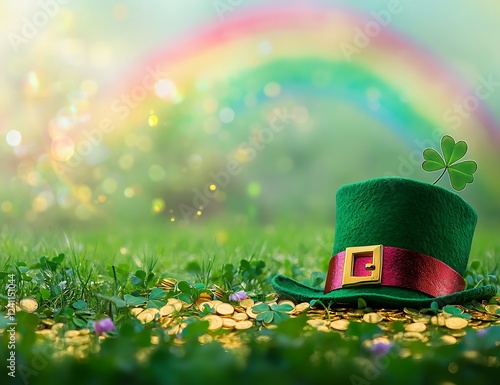 St. Patrick's Day leprechaun hat with gold coins on a grassy field.. photo