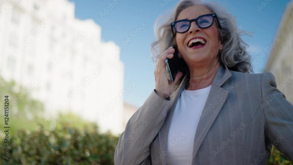 Radiant senior businesswoman with gray curly hair and stylish glasses smiles brightly while having phone conversation. Dressed in suit female embodies confidence and elegance in work tasks management Radiant senior businesswoman with gray curly hair and stylish glasses smiles brightly while having phone conversation. Dressed in suit female embodies confidence and elegance in work tasks management