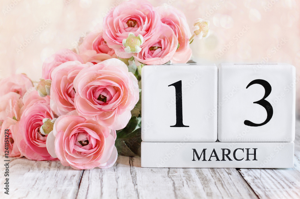 Φωτογραφία White wood calendar blocks with the date March13th and pink ranunculus flowers over a wooden table