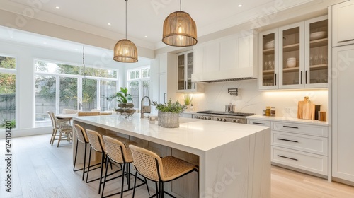 A stylish minimalist kitchen with sleek cabinetry  a large island  and minimal decor  emphasizing functionality and clean lines in a bright and airy space.